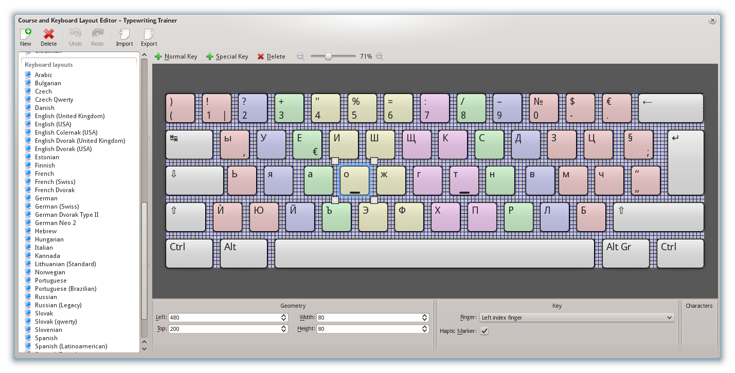 Screenshot of keyboard layout editor